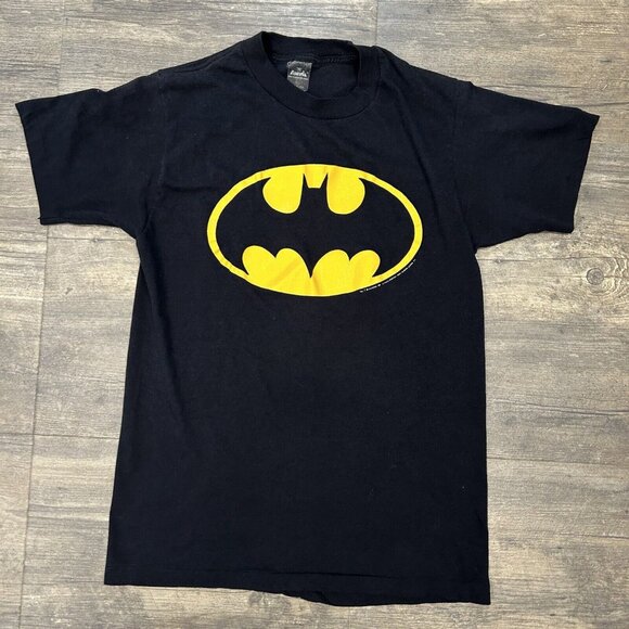 Vintage 80s Batman Yellow Bat Logo Large T-Shirt Black DC Comics Anvil‎ USA - Picture 2 of 6